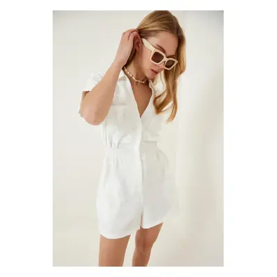 Happiness İstanbul Women's White Linen Viscose Overalls With Shorts TO0009