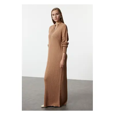 Trendyol Camel Maxi Knitwear Plain Wide Pattern Dress