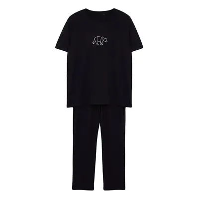 Trendyol Men's Black Regular Fit Embroidered Knitted Pajama Set