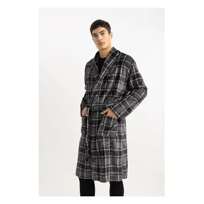 DEFACTO Regular Fit Shawl Collar Polar Plaid Patterned Dressing Gown