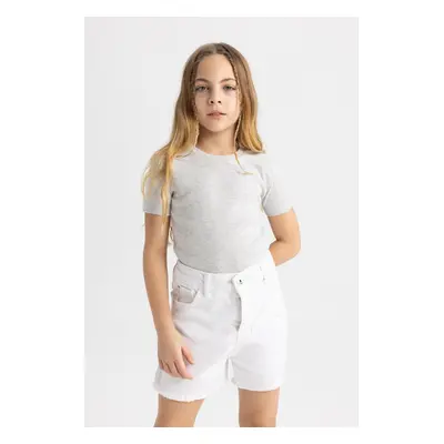 DEFACTO Girl Slim Fit Crew Neck Ribbon Basic Short Sleeve T-Shirt