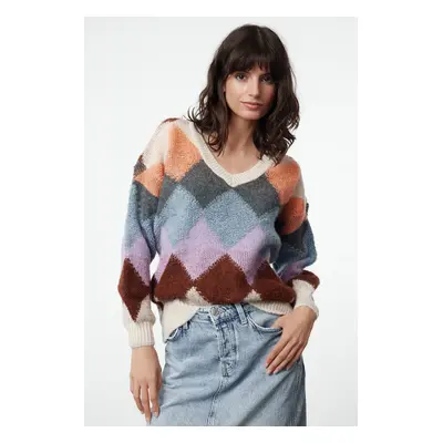 Trendyol Stone Soft Texture Wide Pattern Color Block V Neck Knitwear Sweater