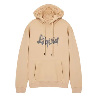 Trendyol Stone Oversize/Wide Cut Hooded Text Printed Sweatshirt with Fleece Inside