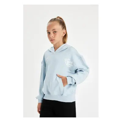 DEFACTO Girls Blue Pocket Hooded Printed School Sweatshirt