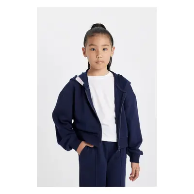 DEFACTO Girls Printed Navy Blue Hooded Zippered School Cardigan