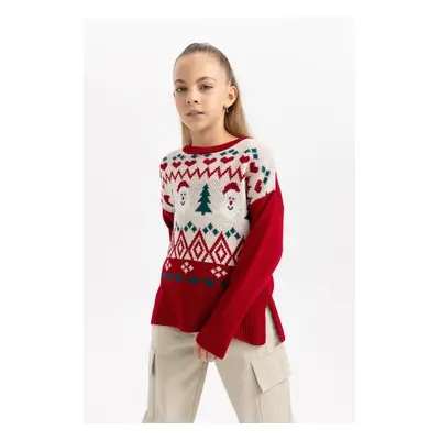 DEFACTO Girl's Christmas Themed Crew Neck Sweater