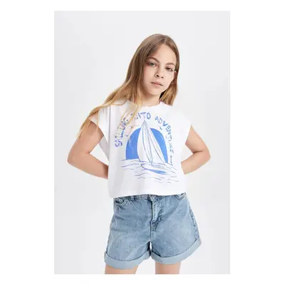 DEFACTO Girl's Crop Crew Neck Marine Printed Short Sleeve T-Shirt