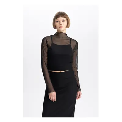 DEFACTO Slim Fit Half Turtleneck Tulle Long Sleeve T-Shirt