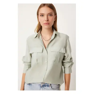 Happiness İstanbul Women's Light Almond Green Wide Pocket Tencel Shirt