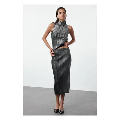 Trendyol Grey Foil Printed Knitwear Bottom-Top Set