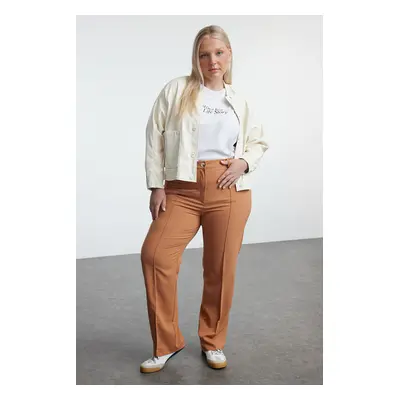 Trendyol Curve Brown Stitch Detailed Straight Cut Woven Trousers