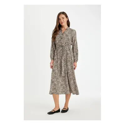 DEFACTO Open Collar Leopard Patterned Buttoned Long Sleeve Viscose Belted Maxi Dress