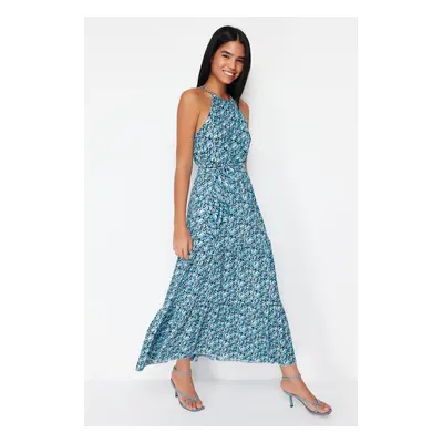 Trendyol Blue Floral Skater/Water Open Weightlifting Neck Ribbed Elastic Knitted Maxi Dress