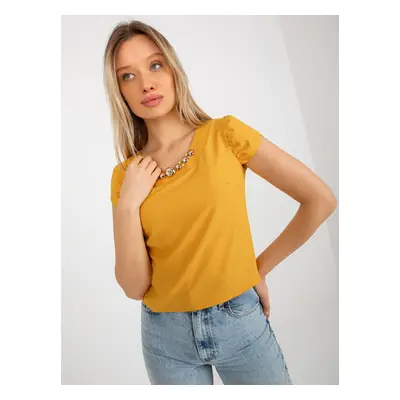 Dark yellow short formal blouse with necklace