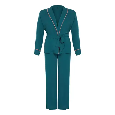 Trendyol Curve Emerald Green Piping Detailed Double Breasted Viscose Woven Pajama Set