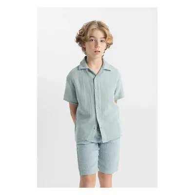 DEFACTO Boy's Oversize Wide Pattern Polo Collar Muslin Short Sleeve Shirt