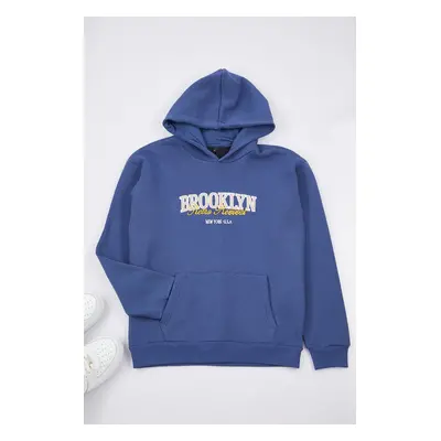 Trendyol Indigo Unisex Oversize/Wide Cut Hooded City Printed Inside Raised Sweatshirt