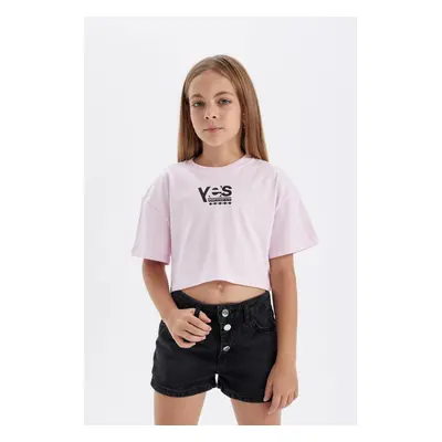 DEFACTO Girl's Crop Crew Neck Printed Short Sleeve T-Shirt