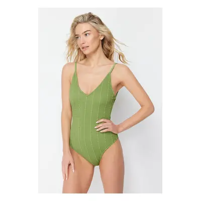 Trendyol Green V-Neck Textured Regular Swimsuit