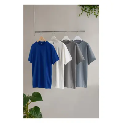 Trendyol Blue-Grey-Mink-Ecru Slim/Slim Cut 4-Piece Basic 100% Cotton T-Shirt