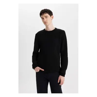 DEFACTO Men's Black Standard Fit Regular Cut Crew Neck Textured Knitwear Sweater