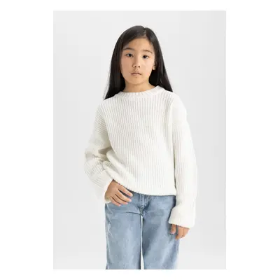 DEFACTO Girl's Ecru Standard Fit Crew Neck Basic Plain Knitwear Sweater