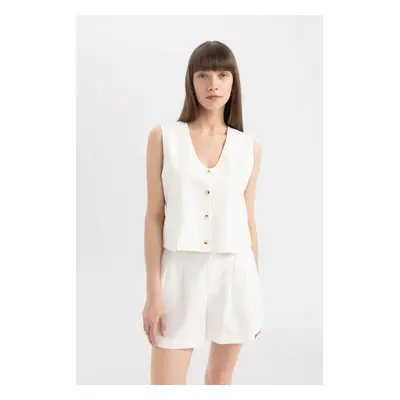 DEFACTO V-Neck Linen Blend White Blazer Vest