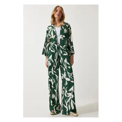 Happiness İstanbul Women's Green Patterned Kimono Palazzo Trousers Set