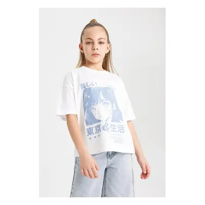 DEFACTO Girl Oversize Fit Crew Neck Printed Short Sleeve T-Shirt