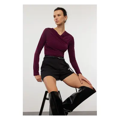 Trendyol Plum Drape Detailed Fitted Long Sleeve Stretchy Knitted Blouse