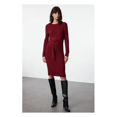 Trendyol Burgundy Mini Knitted Belted Dress