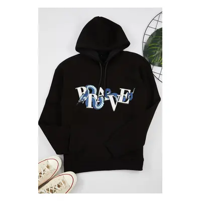 Trendyol Black Oversize/Wide Cut Hooded Puffy Print Fleece/Warm Sweatshirt