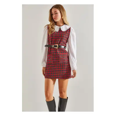 Bianco Lucci Women's Belted Plaid Patterned Collar Dress