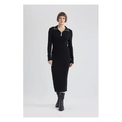 DEFACTO Regular Fit Polo Neck Half Zipper Long Sleeve Maxi Dress