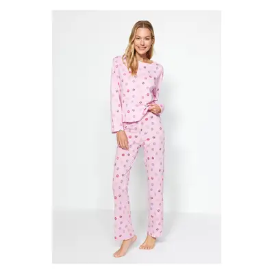 Trendyol Pink 100% Cotton Donut Pattern Tshirt-Pants, Knitted Pajamas Set