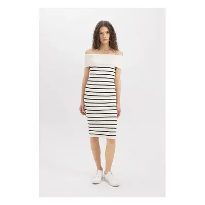 DEFACTO Fitted Striped Open Shoulder Ribbed Midi Dress