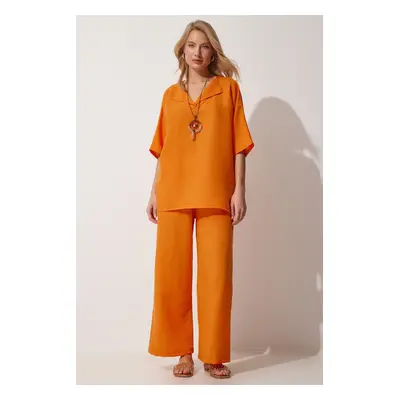 Happiness İstanbul Women's Orange Necklace Ayrobin Tunic Trousers Suit