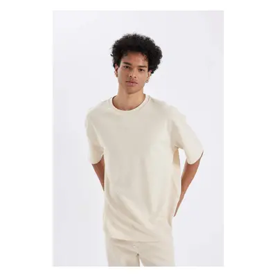 DEFACTO Men's Beige Oversize Fit Wide Cut Crew Neck Heavy Fabric Short Sleeve Basic T-Shirt