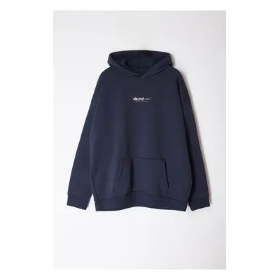 Trendyol Navy Blue Oversize/Wide Cut Hooded Back Text Printed Plus Size Sweatshirt