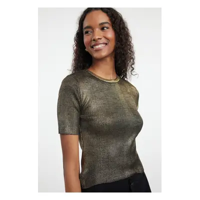 Trendyol Gold Crop Leaf Crew Neck Knitwear Sweater