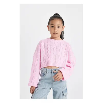 DEFACTO Girl's Pink Crop Crew Neck Hair Braided Acrylic Sweater