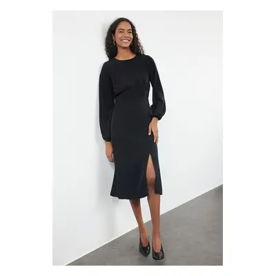 Trendyol Black Waist Opening Midi Balloon Sleeve Detailed Woven Dress