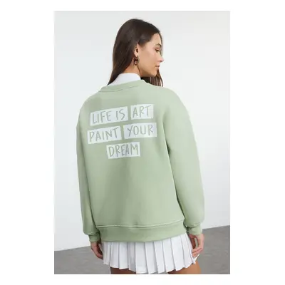 Trendyol Mint Slogan Oversize / Wide Fit Thick Fleece Inside Knitted Sweatshirt