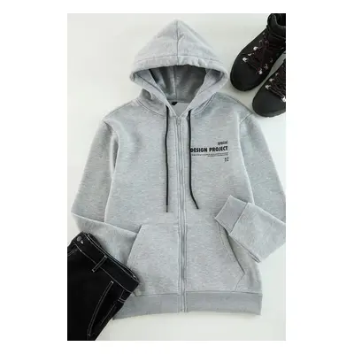 Trendyol Grey Melange Regular/Normal Cut Hooded Slogan Printed Sweatshirt