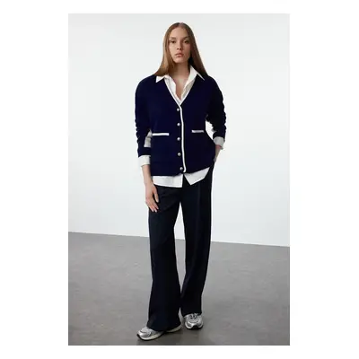 Trendyol Navy Blue Wide Cut Color Block Wide Cut Knit Cardigan