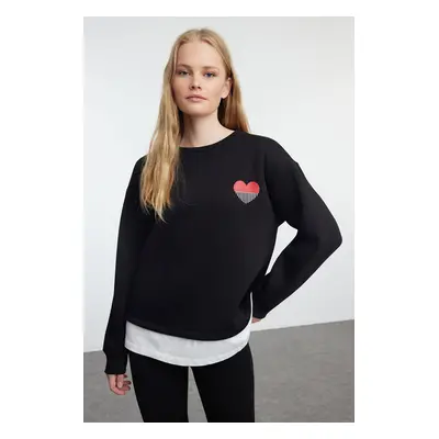 Trendyol Black Poplin Detailed and Embroidery Detailed Regular/Normal Fit Knitted Sweatshirt