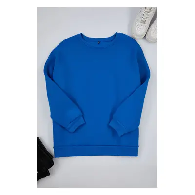 Trendyol Curve Blue Oversize/Relaxed Fit Basic Crew Neck Thick/Polar Inside Knitted Sweatshirt