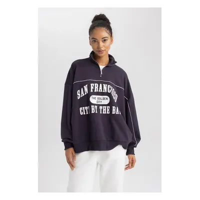 DEFACTO Fit Oversize Fit Printed Zipper High Neck Sweatshirt