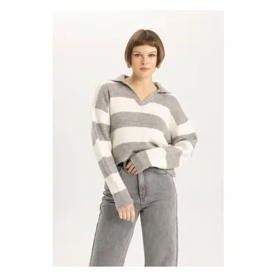 DEFACTO Relax Fit Polo Collar Striped Thessaloniki Fabric Sweater