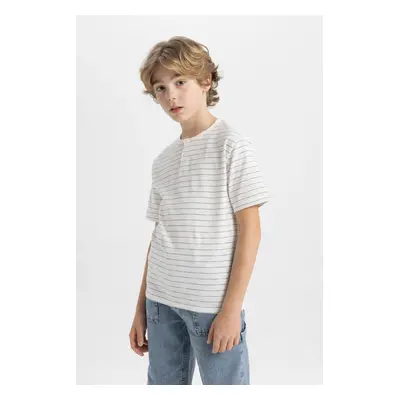 DEFACTO Boy's Mandarin Collar Striped Short Sleeve T-Shirt